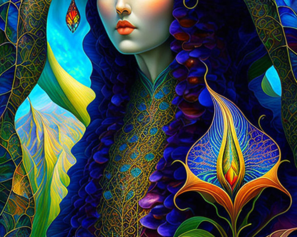 Colorful digital artwork of woman in blue and gold attire with floral designs