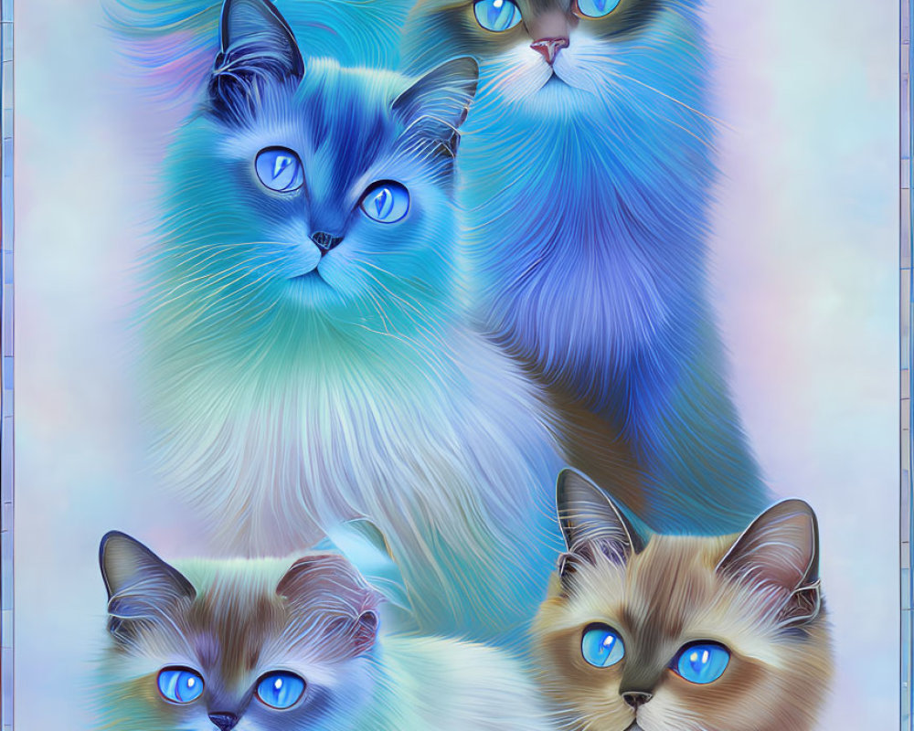 Three colorful cats with blue eyes and whimsical fur patterns on pastel background