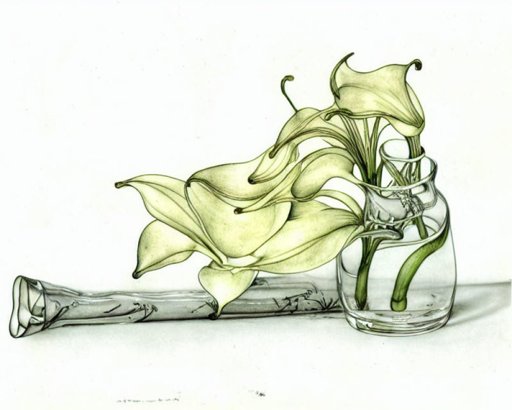 Realistic pencil drawing of calla lilies in glass jar, one lying in front