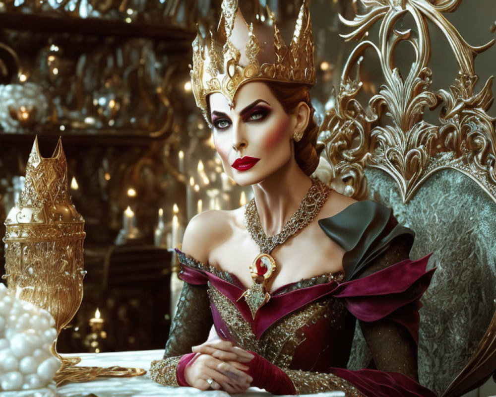 Regal woman in ornate crown and royal garb at elegant table