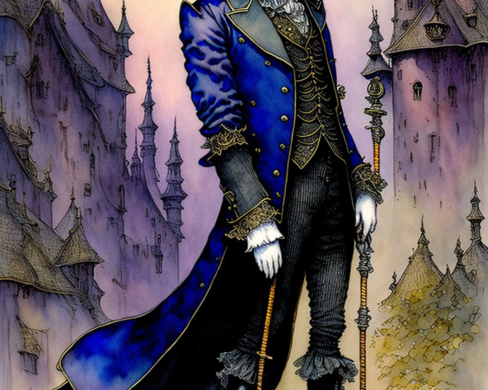 Anthropomorphic cat in 19th-century attire with top hat and cane in fantasy castle setting