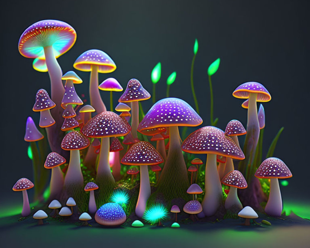 Bioluminescent Mushroom Cluster Illuminating Dark Environment