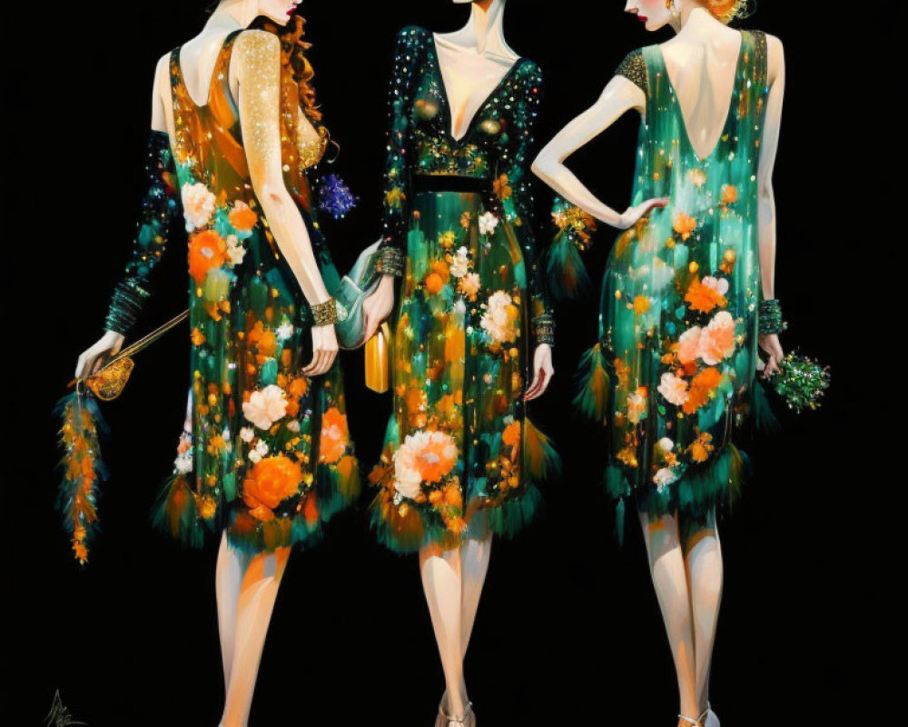Three women in vintage floral dresses and accessories in art deco style