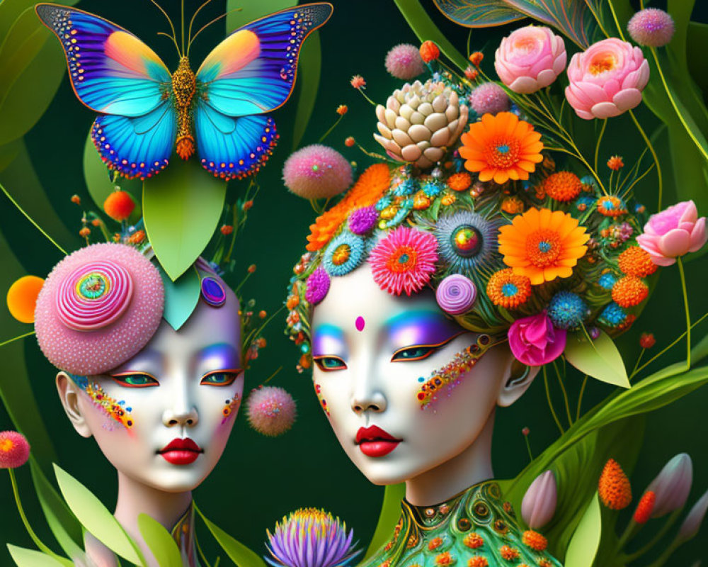 Vibrant digital artwork: two stylized female figures with floral motifs on green background