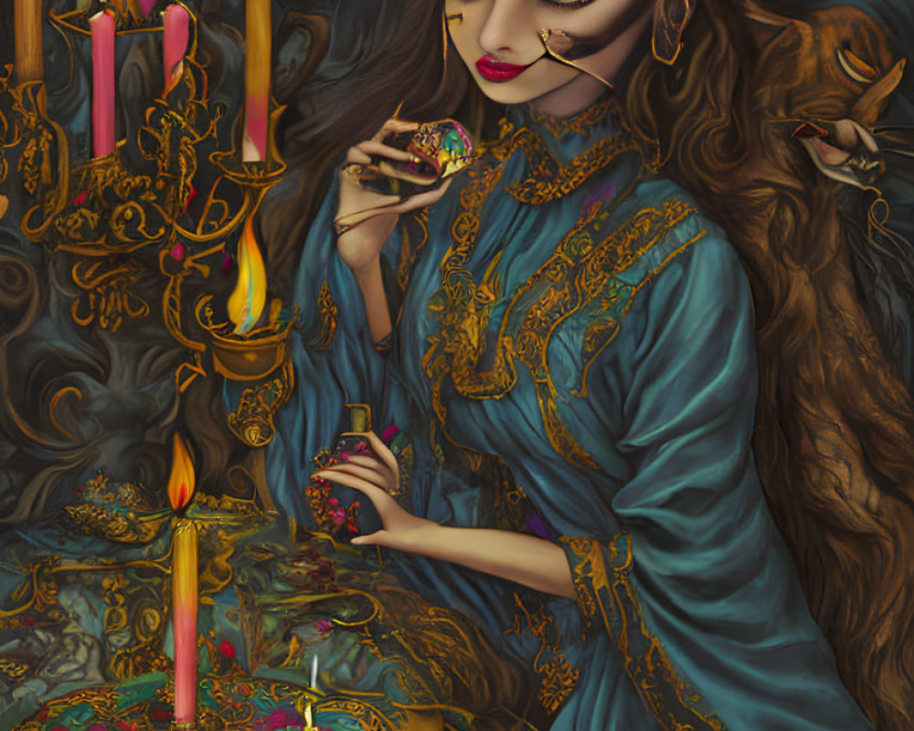 Ornately dressed female figure with feline features holding a gemstone in mystical setting