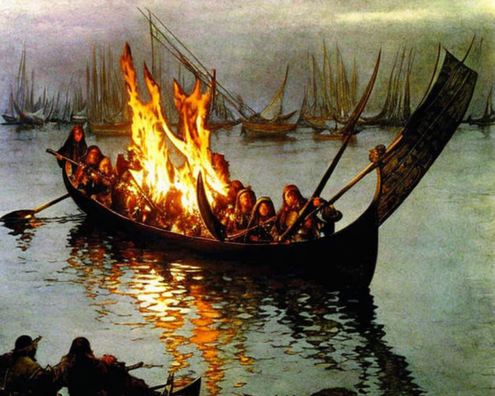 Viking ship funeral pyre ablaze at dusk with onlookers in boats.