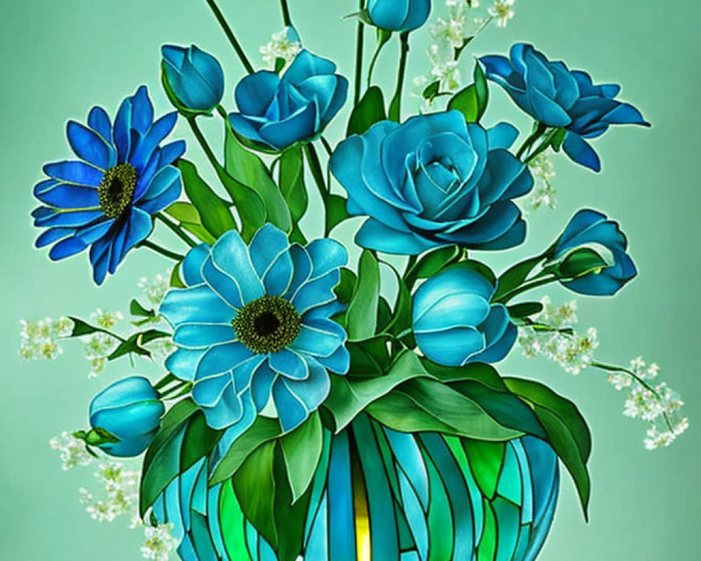 Blue Flower Bouquet in Round Glass Vase on Teal Background