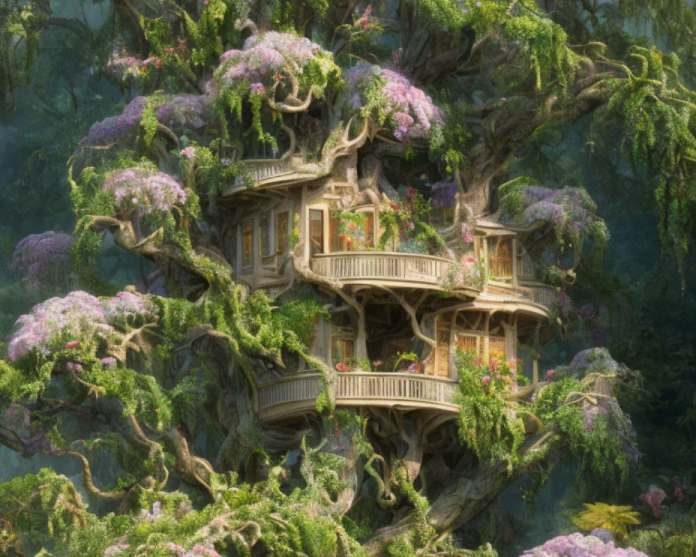 Whimsical treehouse in ancient tree with lush greenery & purple flowers