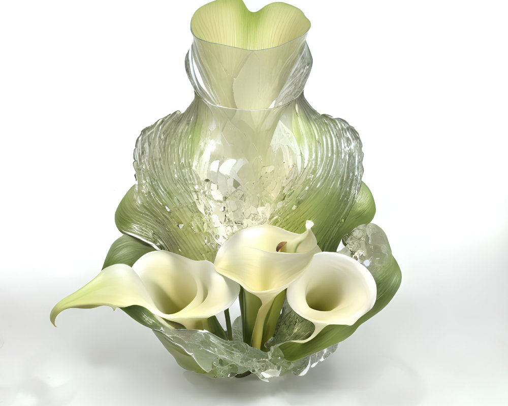 Textured Glass Vase with White Calla Lilies on White Background