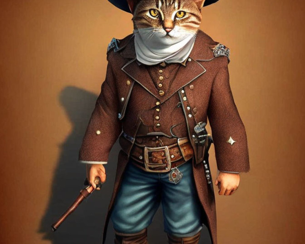 Cat dressed as a sheriff with human-like body on brown background