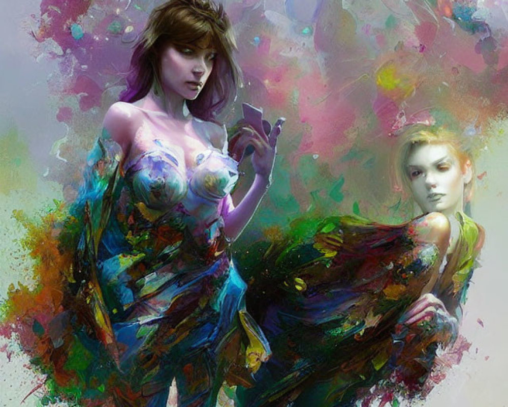 Ethereal female figures in vibrant multicolored swirls