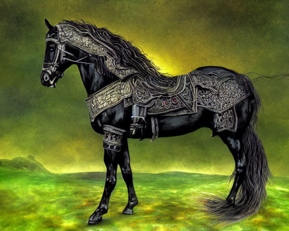 Black horse with detailed tack on greenish-yellow background.