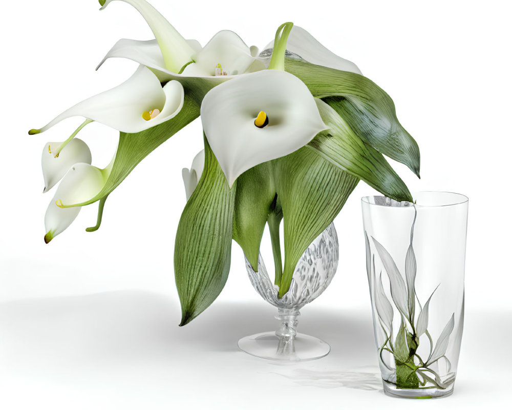 White Calla Lilies Bouquet in Clear Glass Vase on White Background