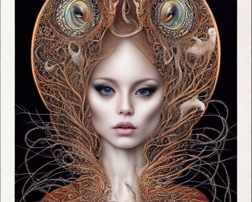 Intricate portrait of woman with owl-inspired headdress