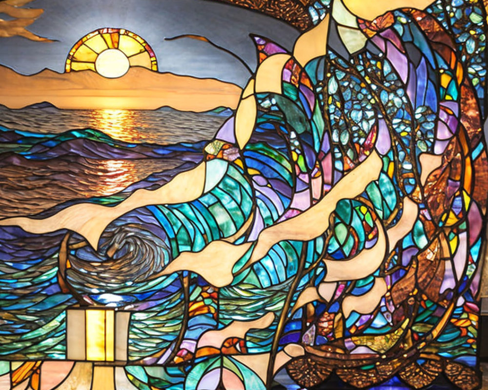 Colorful Stained Glass Art: Ocean Wave and Sunset