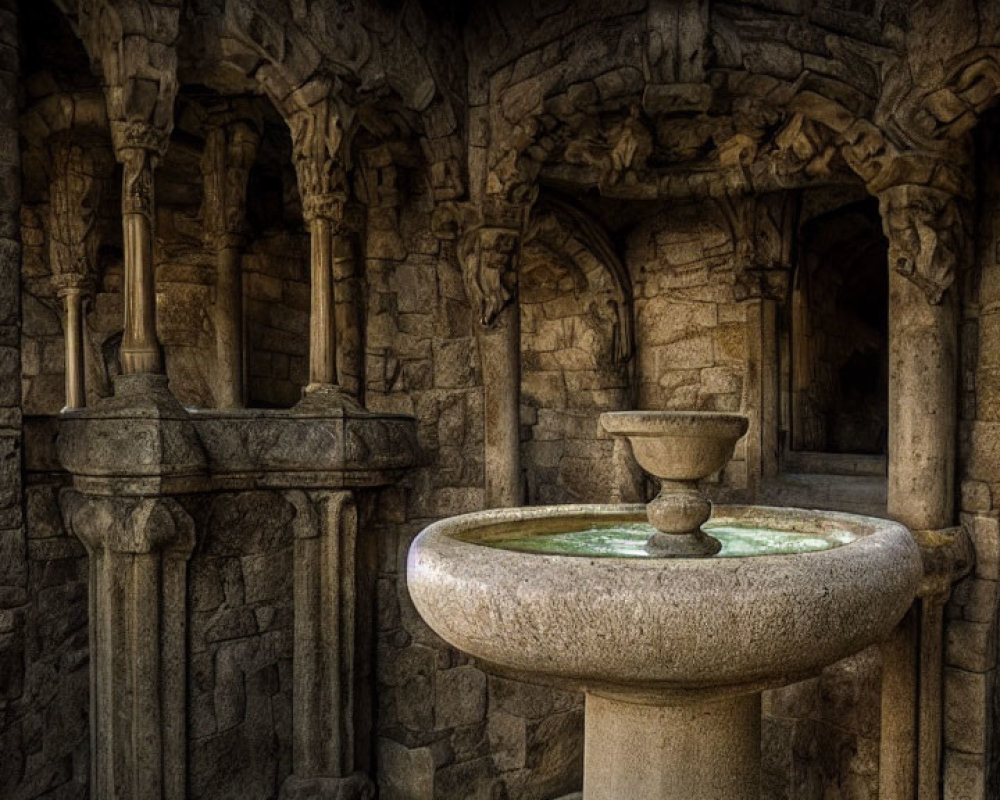 Gothic-style stone room with arches, columns & central fountain