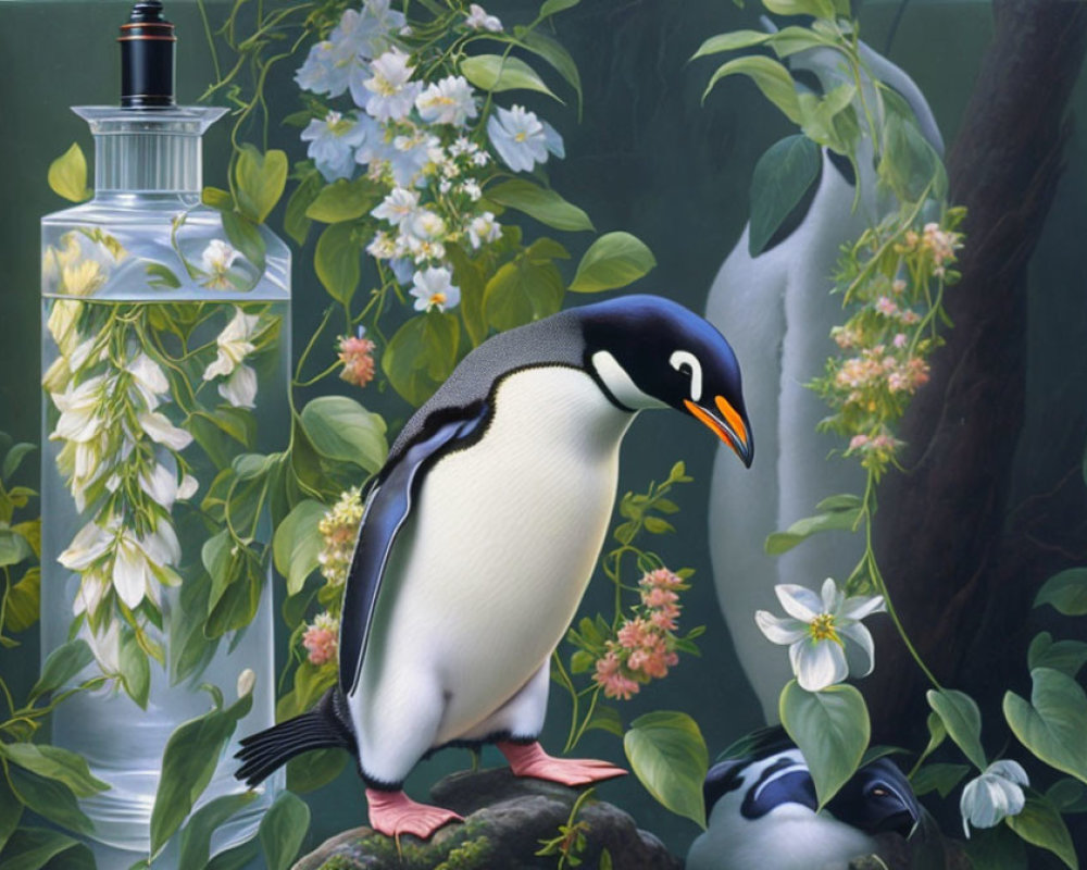 Surreal penguin with perfume bottle surrounded by lush flowers