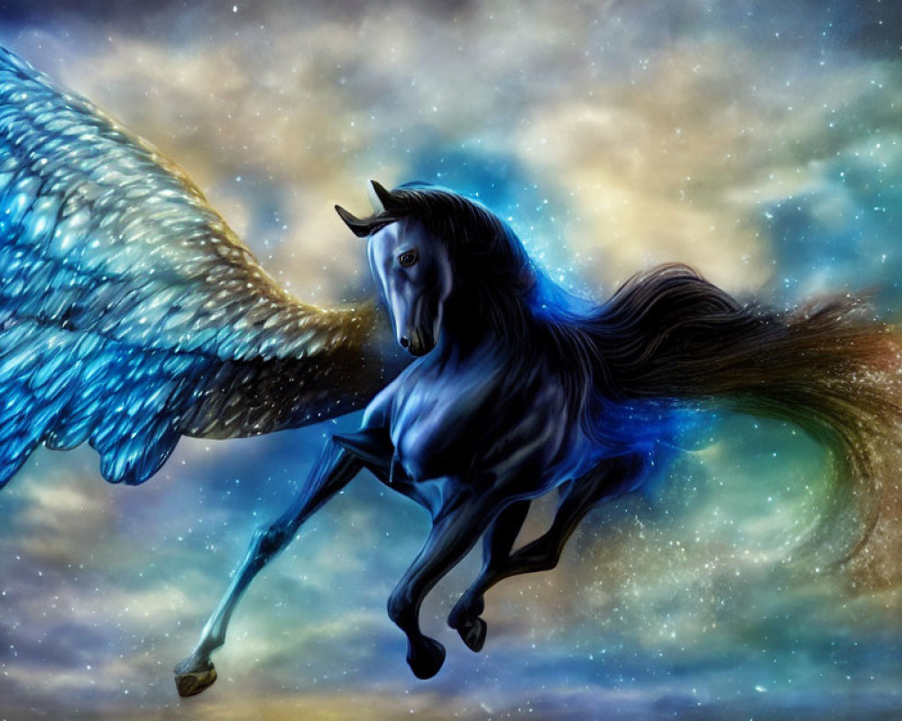 Majestic black winged horse flying in starry night sky