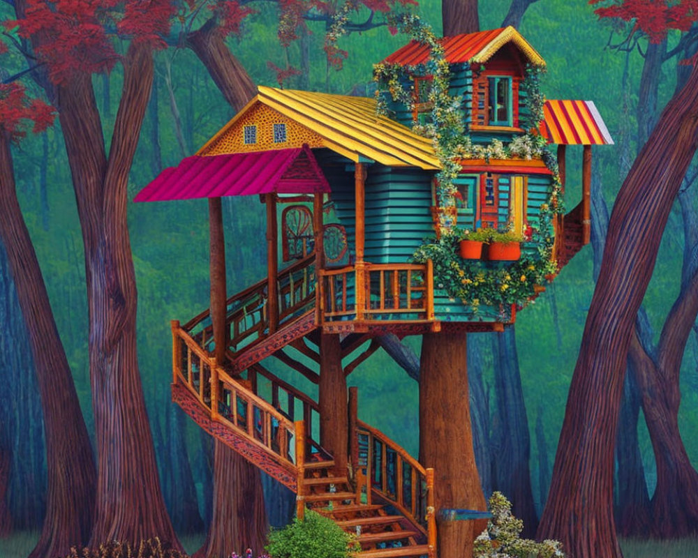 Vibrant treehouse with red, yellow, and green sections in lush natural setting