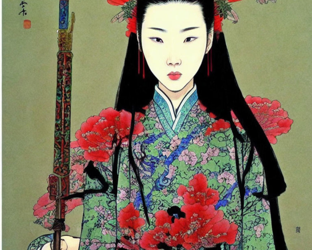 Japanese Geisha Artwork: Geisha in Floral Kimono with Red Flowers Holding Shamisen