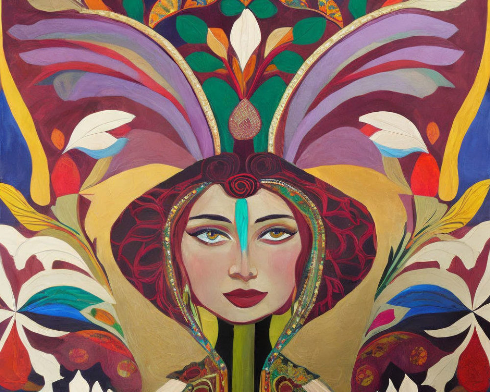 Colorful painting of woman with floral headdress in purples, reds, greens, and