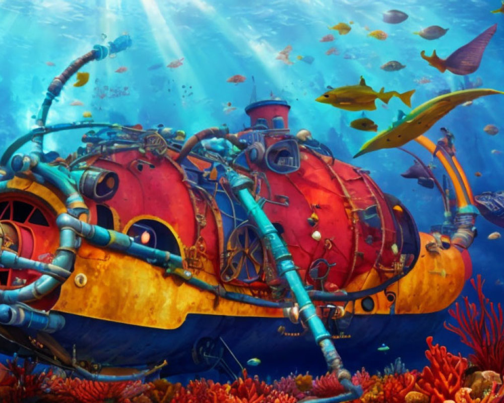 Colorful Underwater Scene with Submarine, Coral, and Tropical Fish