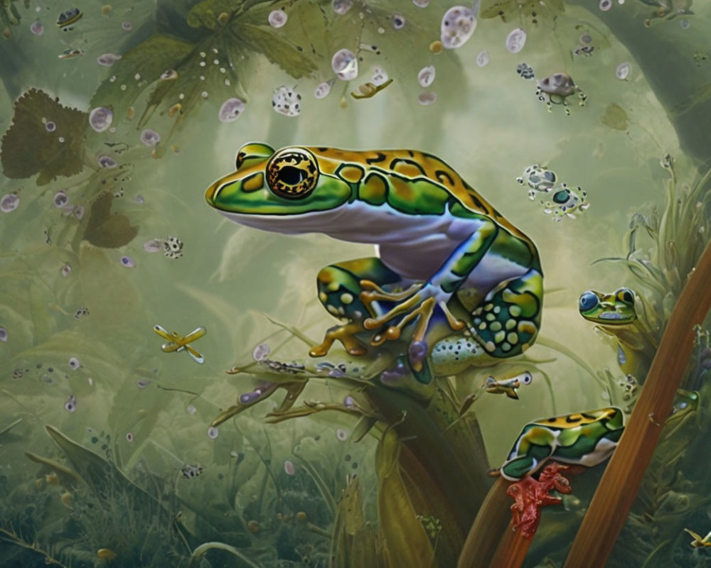 Detailed Illustration: Green Frog on Branch Surrounded by Murky Water