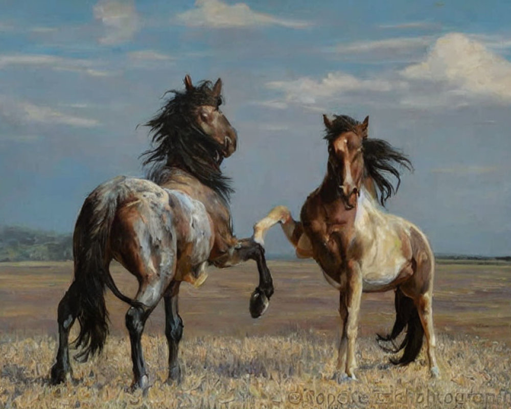 Windswept manes horses interacting in grassy field