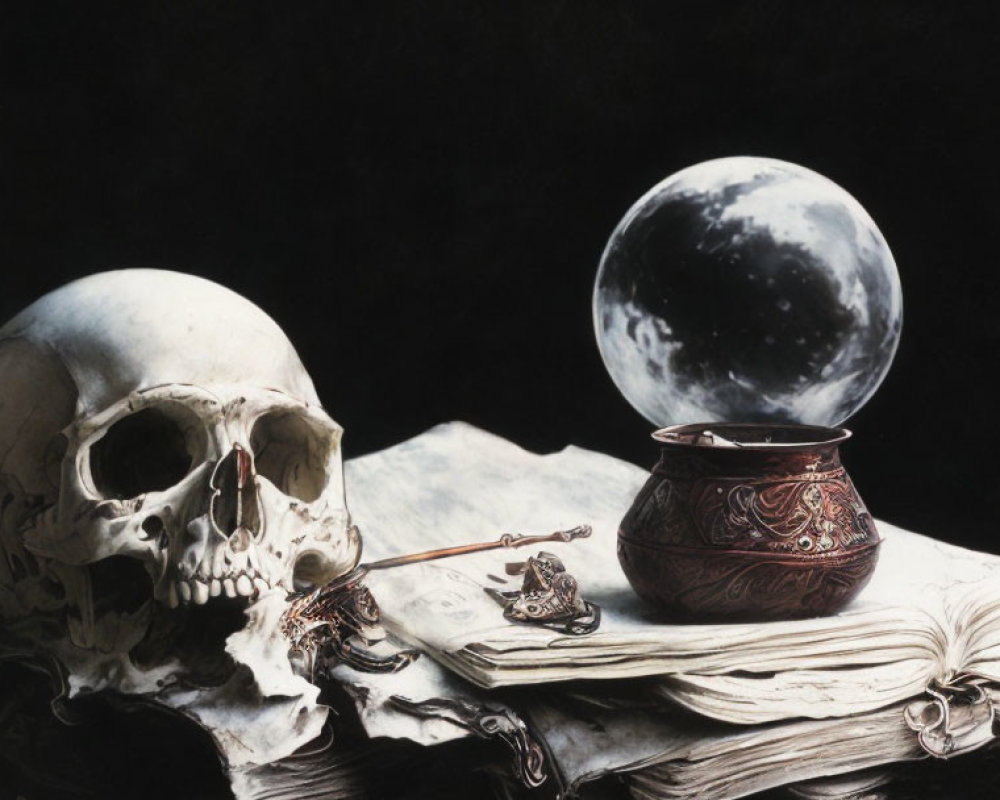 Still life with human skull, ornate pot, open book, quill, and moon sphere on