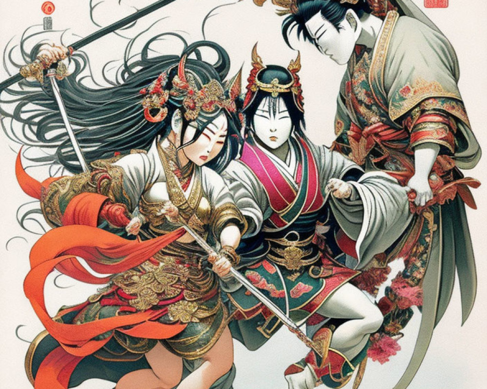 Stylized Asian characters in traditional attire with weapons and dynamic poses