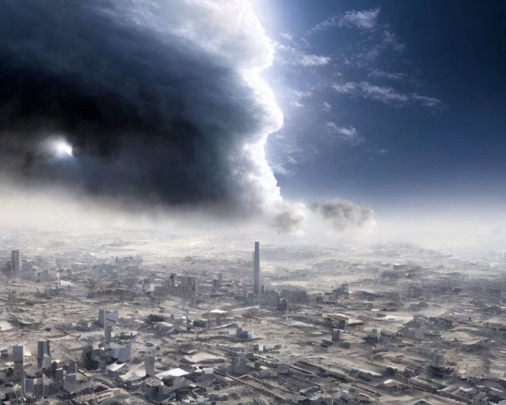 Cityscape with buildings under ominous cloud.