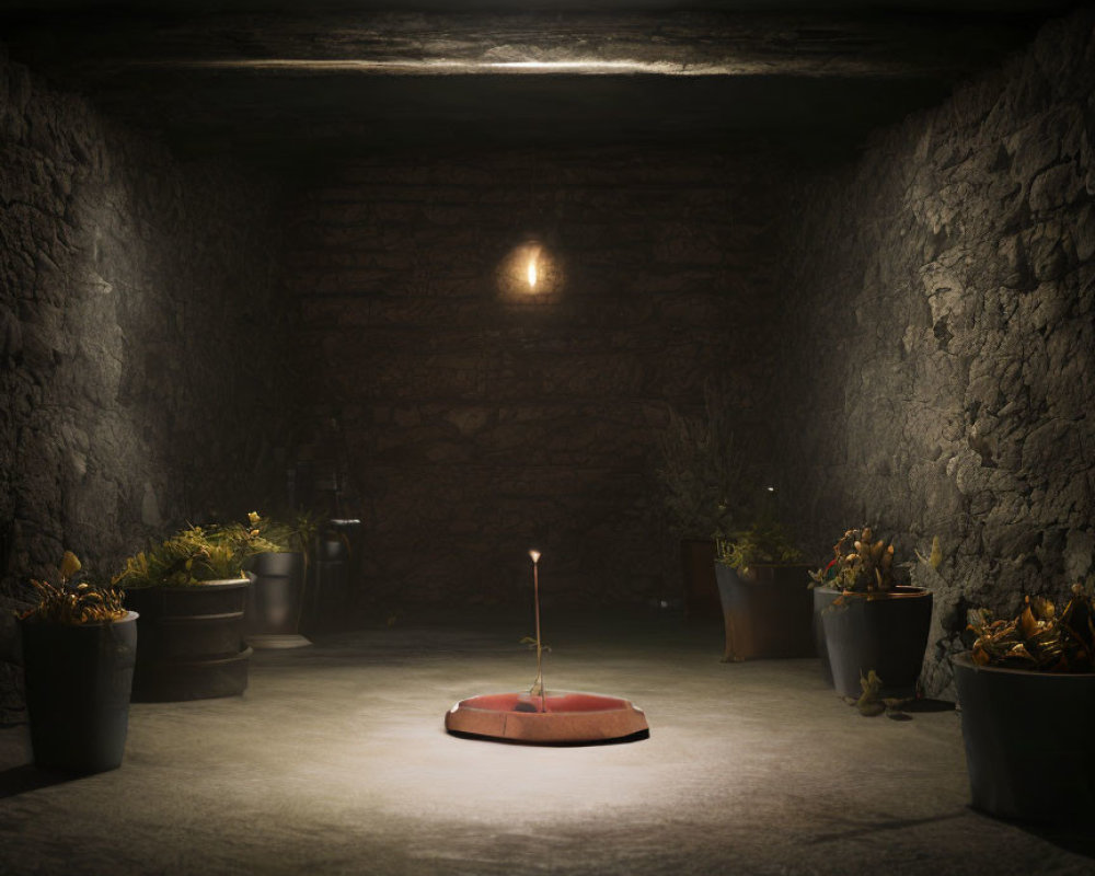 Dimly Lit Stone Room with Candle, Potted Plants, and Light Source