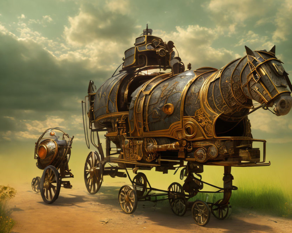 Steampunk-style carriage with mechanical horse under greenish sky