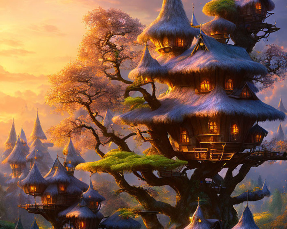 Twilight forest tree houses with pointed roofs in golden light