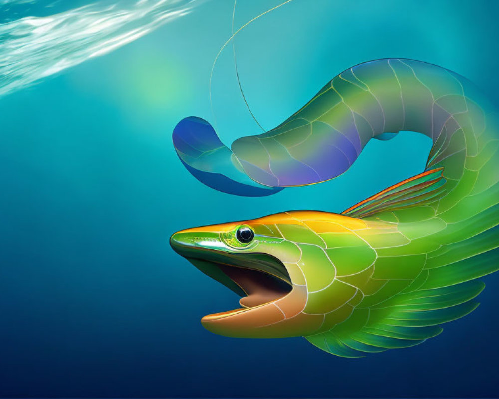 Colorful Fish Illustration with Exaggerated Fins in Blue-Green Waters