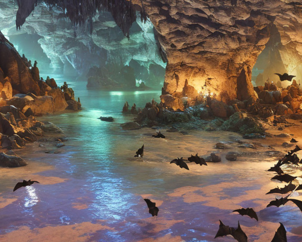 Mystical subterranean cave with blue waterway and bats