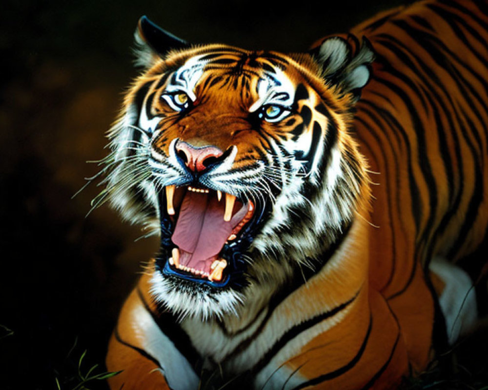 Roaring Tiger with Sharp Teeth on Dark Background