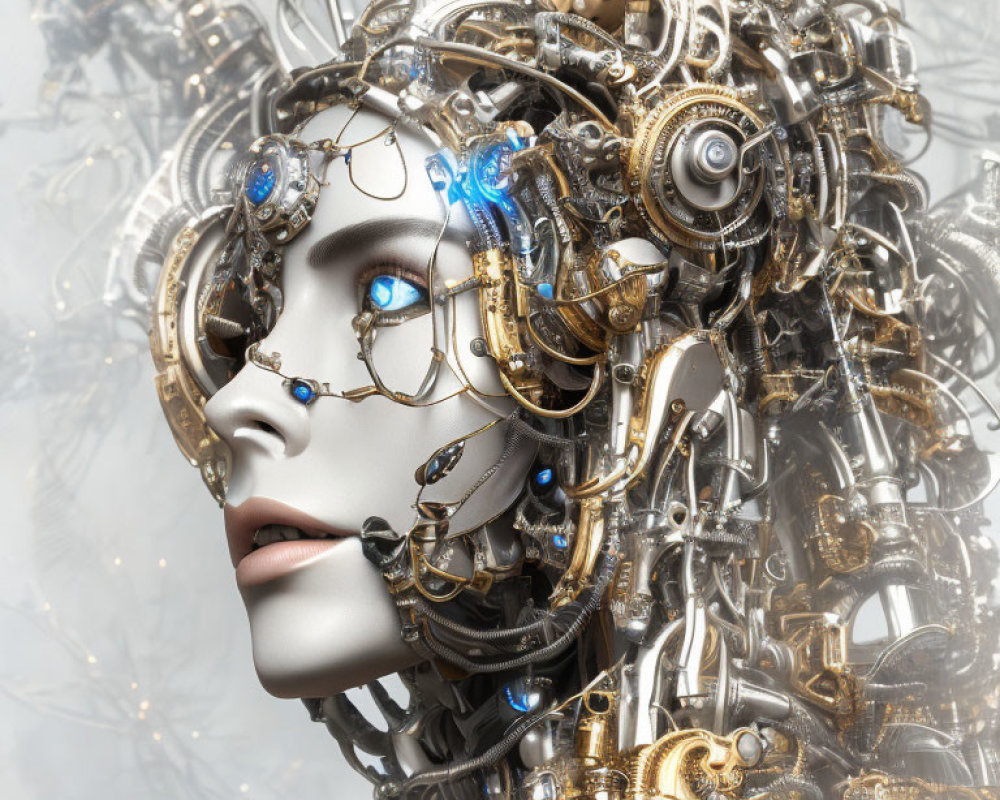 Detailed Female Robot Head with Gold & Silver Gears and Blue Eyes