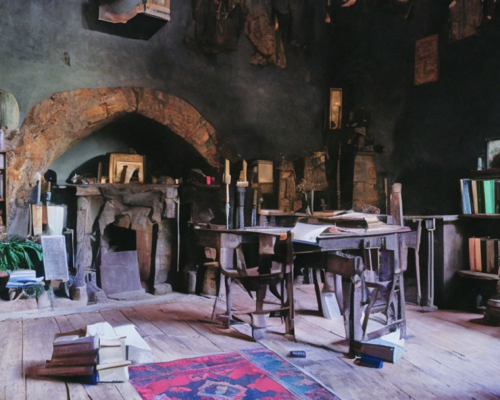 Rustic room with stone fireplace, wooden table, bookshelves, vintage furniture