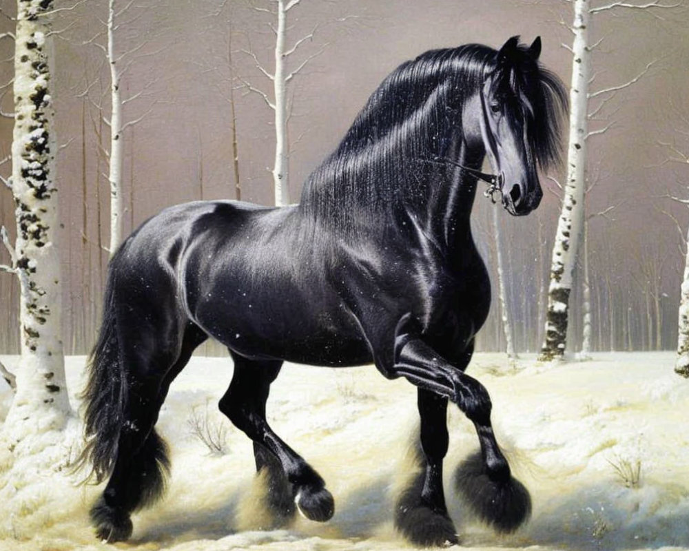 Black horse in snowy forest with birch trees
