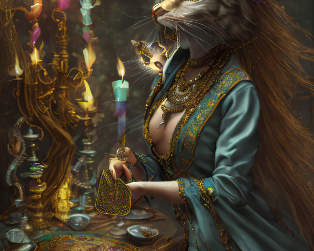 Regal anthropomorphic feline in mystical setting with ornate object and floating card