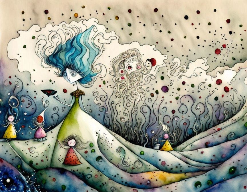 Whimsical watercolor illustration of stylized figures with flowing lines