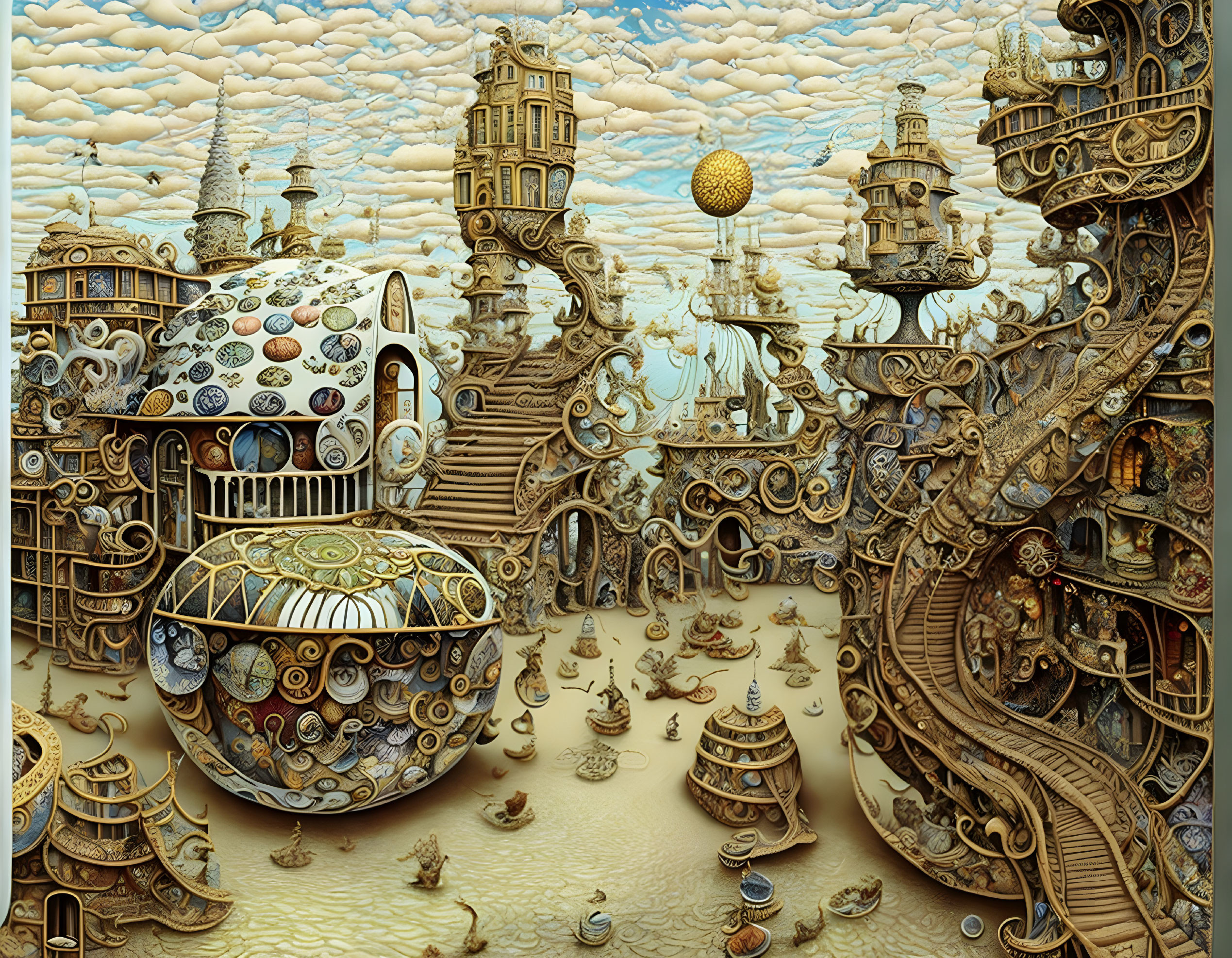 Detailed Steampunk Cityscape with Whimsical Architecture and Mechanical Structures