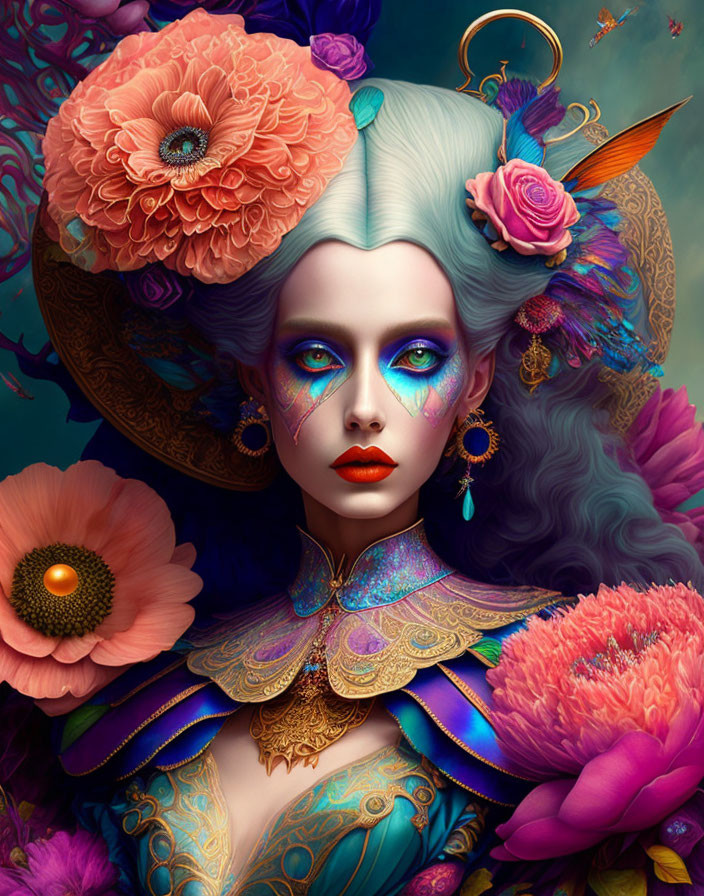 Colorful digital artwork: Woman with blue skin, floral hair accessories, dramatic makeup, ornate golden