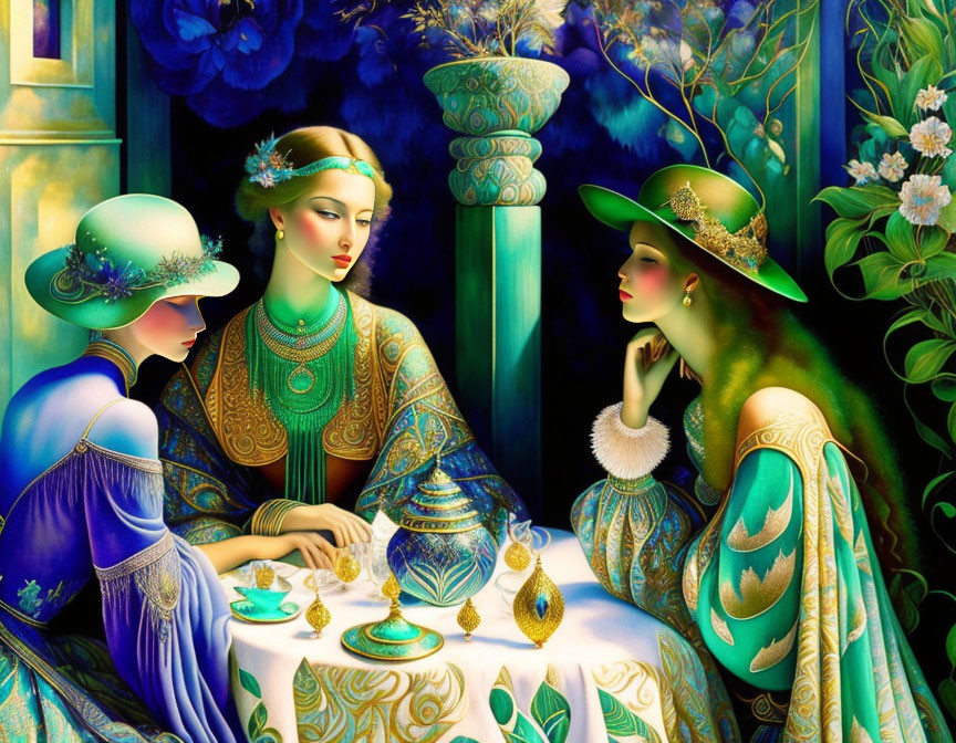 Elegantly dressed women in vibrant setting sharing conversation.