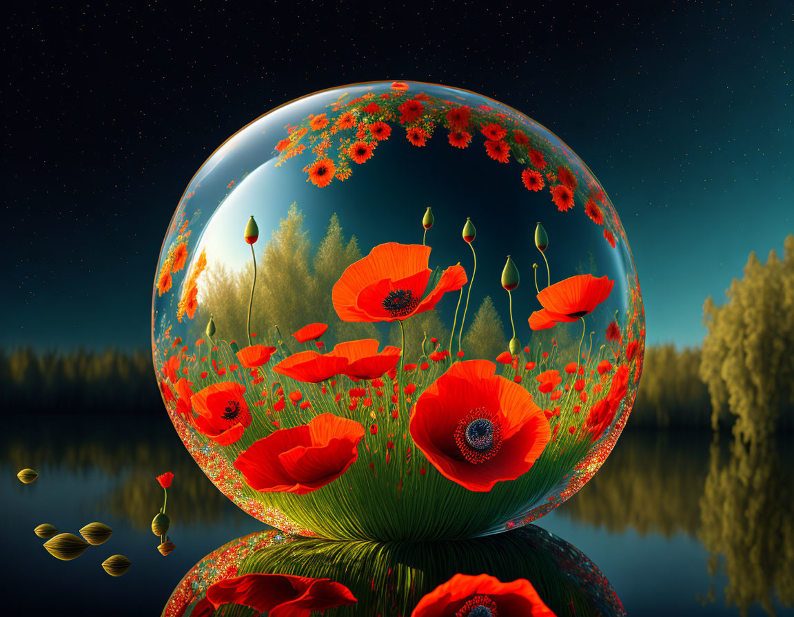 Surreal image: Transparent sphere with red poppies, trees, starry sky, lake.