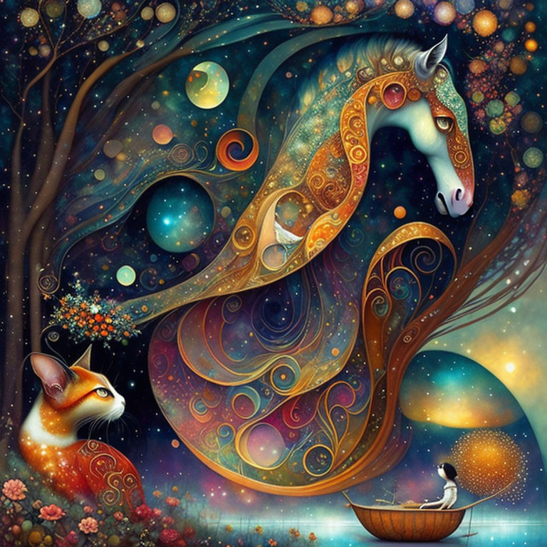 Colorful illustration of whimsical horse, cosmic patterns, starry sky, cat with celestial markings,