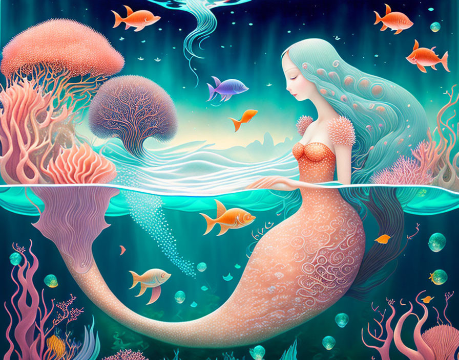 Vibrant underwater mermaid illustration with coral and fish