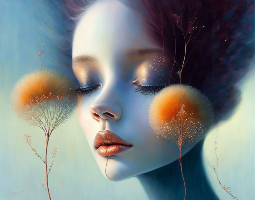 Surreal portrait: Woman with dandelion-like flowers, eyes closed, blue background