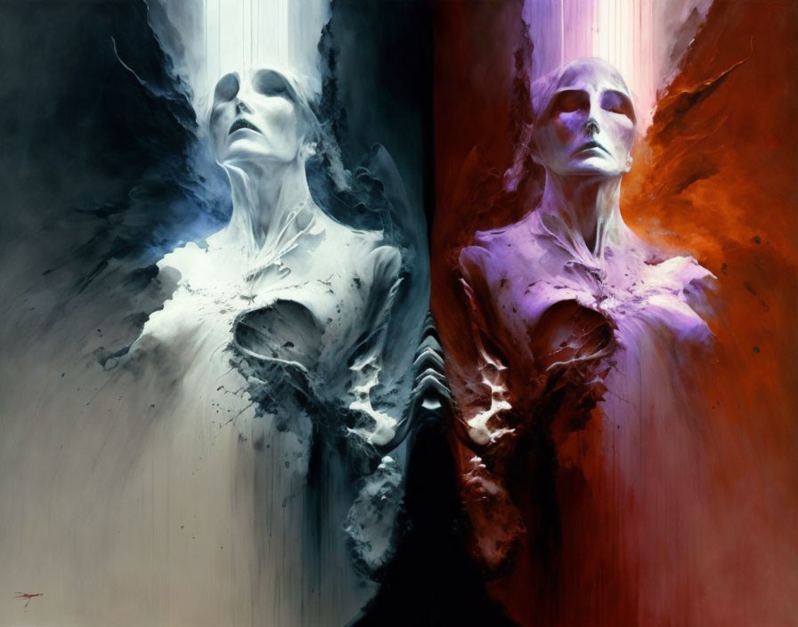 Ethereal figures in white and red with blank expressions and fluid smoke effect